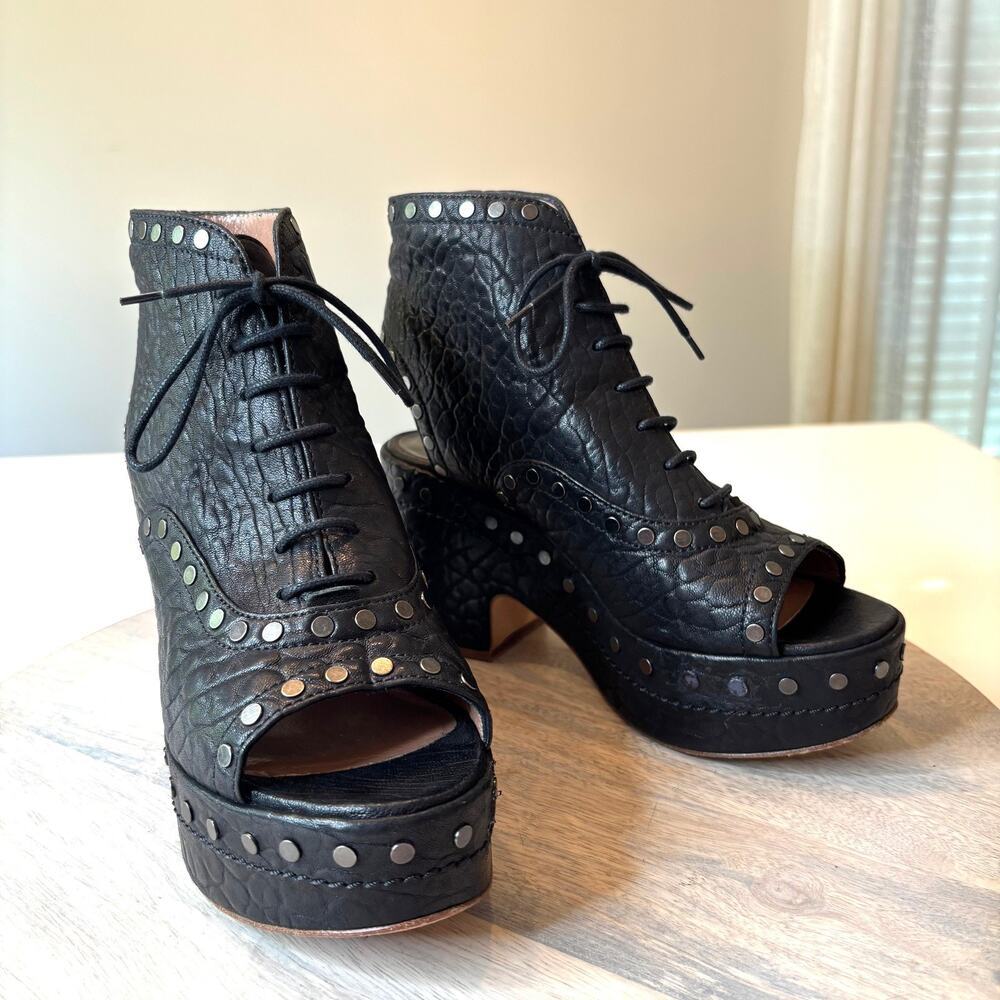 Laurence Dacade Women's 36 Black Leather Studded Lace Up Platform Booties US 6
